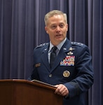 Lt. Gen Timothy Haugh, Sixteenth Air Force commander, speaks during the 557th Weather Wing’s Sixteenth Air Force reassignment ceremony at the wing’s headquarters building, Offutt Air Force Base, Nebraska, Oct. 29, 2019. Sixteenth Air Force is headquartered at Joint Base San Antonio-Lackland and is the Air Force’s first information warfare NAF.