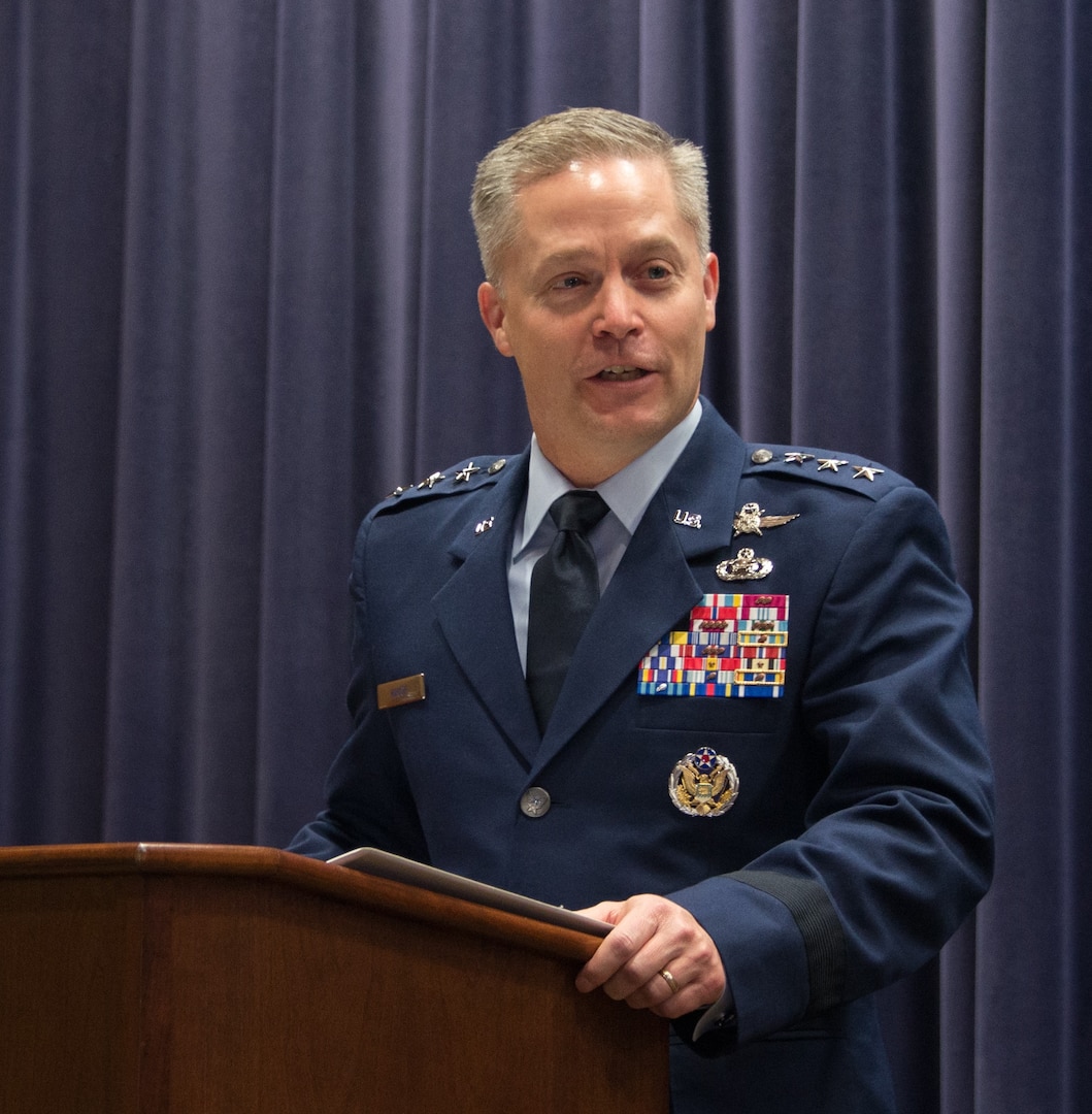 Lt. Gen Timothy Haugh, Sixteenth Air Force commander, speaks during the 557th Weather Wing’s Sixteenth Air Force reassignment ceremony at the wing’s headquarters building, Offutt Air Force Base, Nebraska, Oct. 29, 2019. Sixteenth Air Force is headquartered at Joint Base San Antonio-Lackland and is the Air Force’s first information warfare NAF.