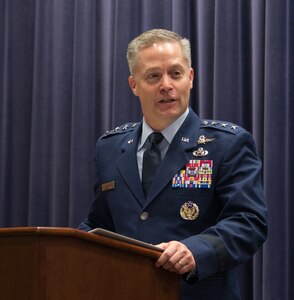 Lt. Gen Timothy Haugh, Sixteenth Air Force commander, speaks during the 557th Weather Wing’s Sixteenth Air Force reassignment ceremony at the wing’s headquarters building, Offutt Air Force Base, Nebraska, Oct. 29, 2019. Sixteenth Air Force is headquartered at Joint Base San Antonio-Lackland and is the Air Force’s first information warfare NAF.