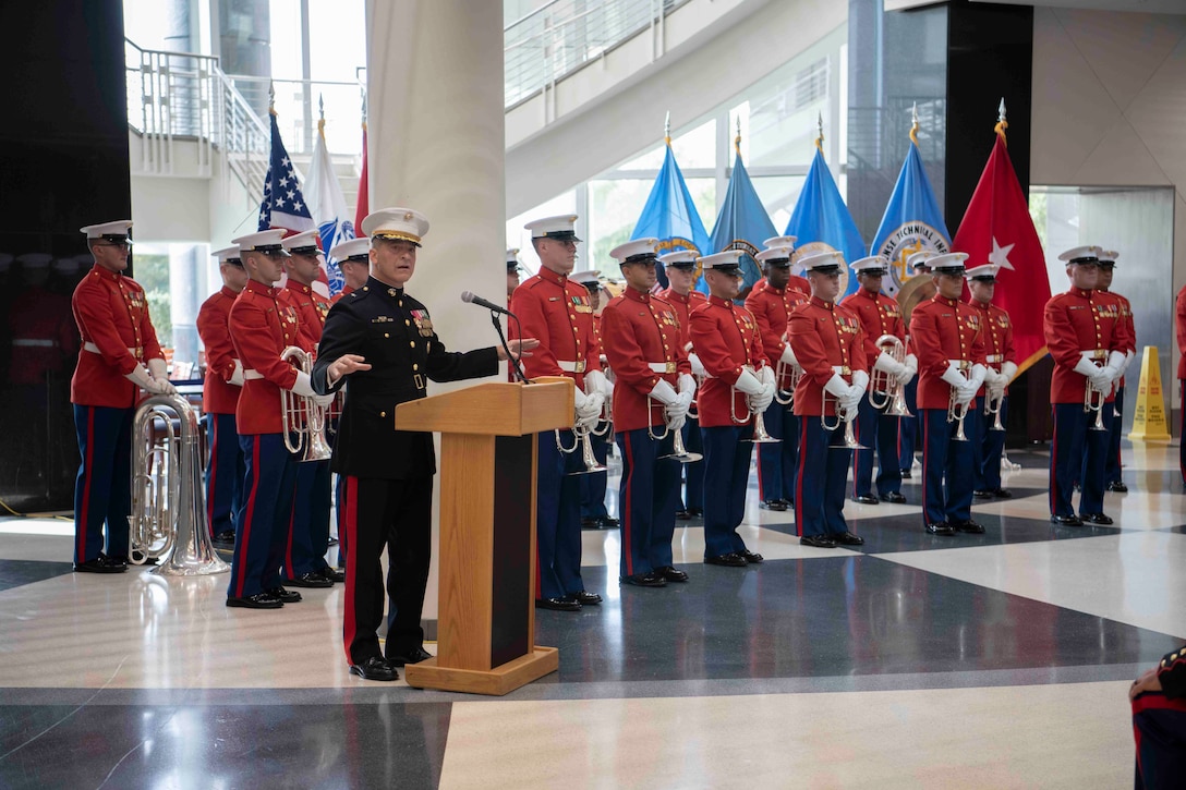 Marine Brigadier General and Commandant’s Own Marine Corps Drum and Bugle Corps pictured.