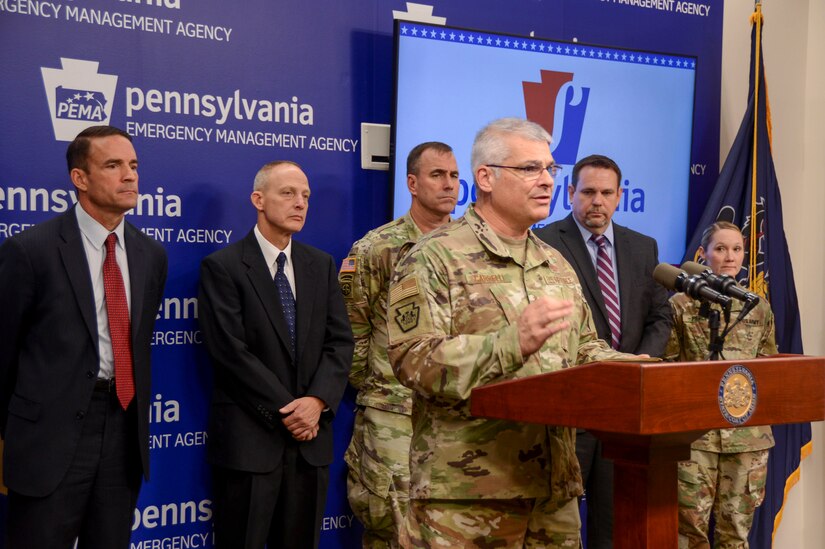Air Force Maj. Gen. Anthony Carrelli, Pennsylvania’s adjutant general, speaks at a press conference Nov. 5 at Pennsylvania Emergency Management Agency (PEMA) regarding approximately 30 members of the Pennsylvania National Guard who joined other state agencies at three locations Nov. 5 to ensure the security of the commonwealth’s general election.