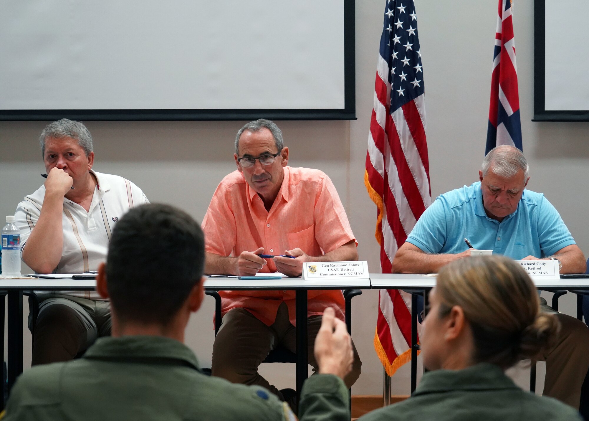 The National Commission on Military Aviation Safety listens to concerns from Total Force Integration Squadron Commanders at Joint Base Pearl Harbor-Hickam, Hawaii, Nov. 1, 2019. The NCMAS have visited over 70 different sites to try and reduce the number of aircraft mishaps in military aviation. The visit to Hickam was significant due to the active duty and guard Total Force Integration of Hickam Airfield. (U.S. Air Force photo by Airman 1st Class Erin Baxter)
