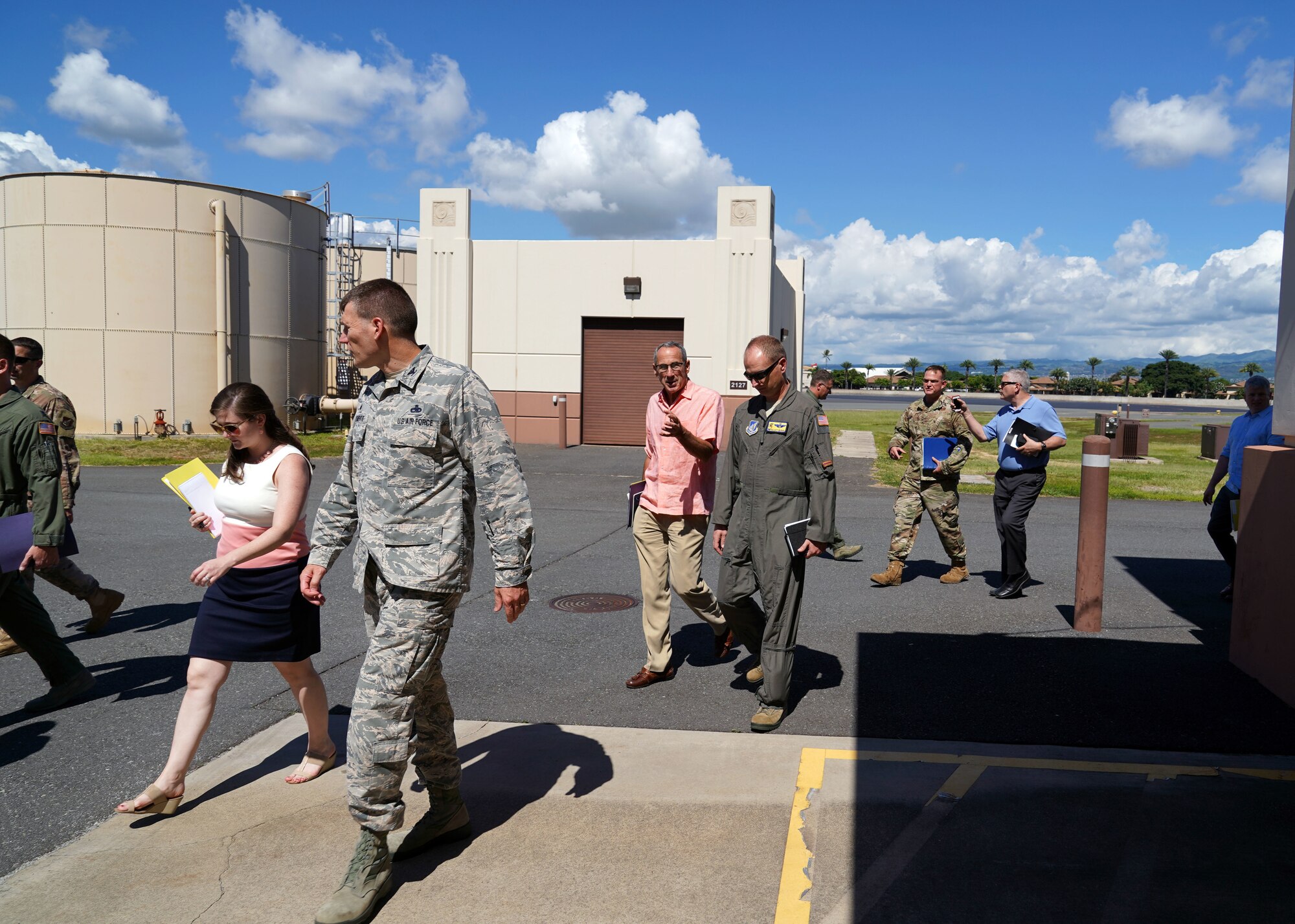 Retired Gen. Raymond E. Johns, National Commission on Military Aviation Safety Commissioner, speaks with Col. Halsey Burks, 15th Wing Commander, at Joint Base Pearl Harbor-Hickam, Hawaii, Nov. 1, 2019. The group spoke with senior and junior Airmen to learn more about military aviation safety in order to address previous mishaps across the Department of Defense. The visit to Hickam was significant due to the active duty and guard Total Force Integration of Hickam Airfield. (U.S. Air Force photo by Airman 1st Class Erin Baxter)