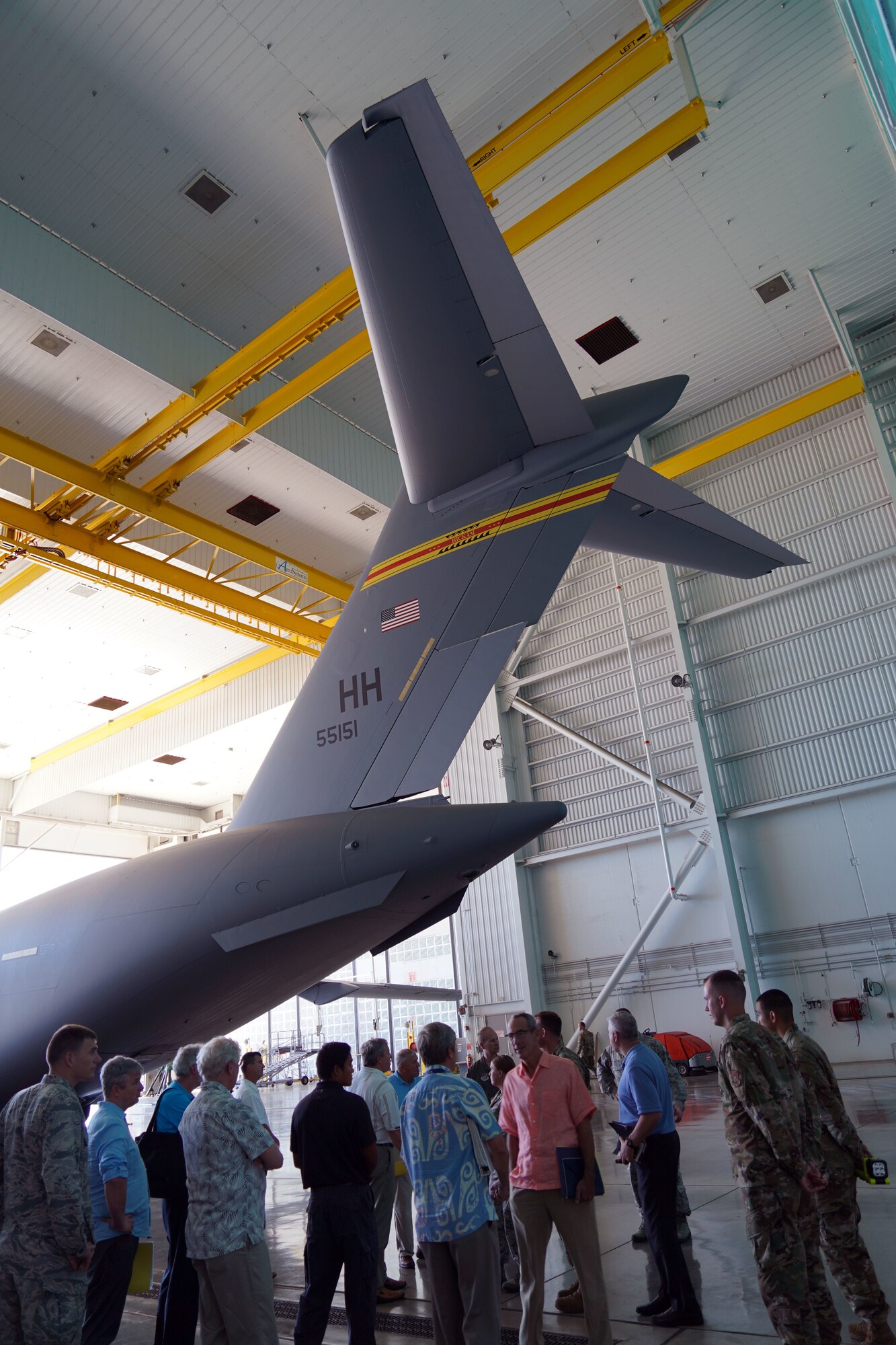 The National Commission on Military Aviation view Hangar 21 at Joint Base Pearl Harbor-Hickam, Hawaii, Nov. 1, 2019. The intention of the NCMAS is to be able to make recommendations on safety, training, maintenance and personnel in the military to Congress. The visit to Hickam was significant due to the active duty and guard Total Force Integration of Hickam Airfield. (U.S. Air Force photo by Airman 1st Class Erin Baxter)