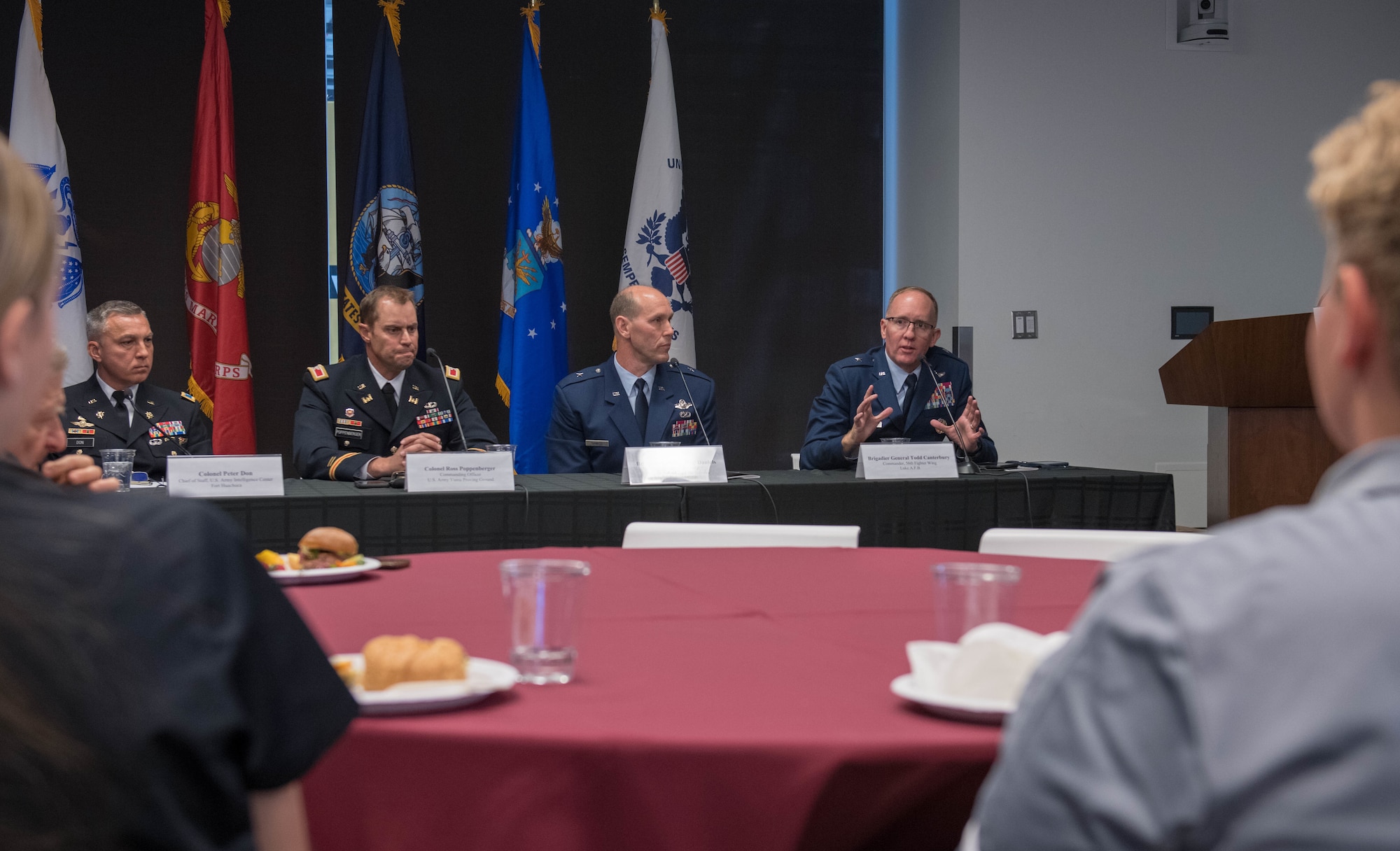 Brig. Gen. Todd D. Canterbury, 56th Fighter Wing commander, participates in a panel discussion with fellow Arizona military leaders Nov. 1, 2019, at the Arizona State University Fulton Center in Tempe, Ariz.