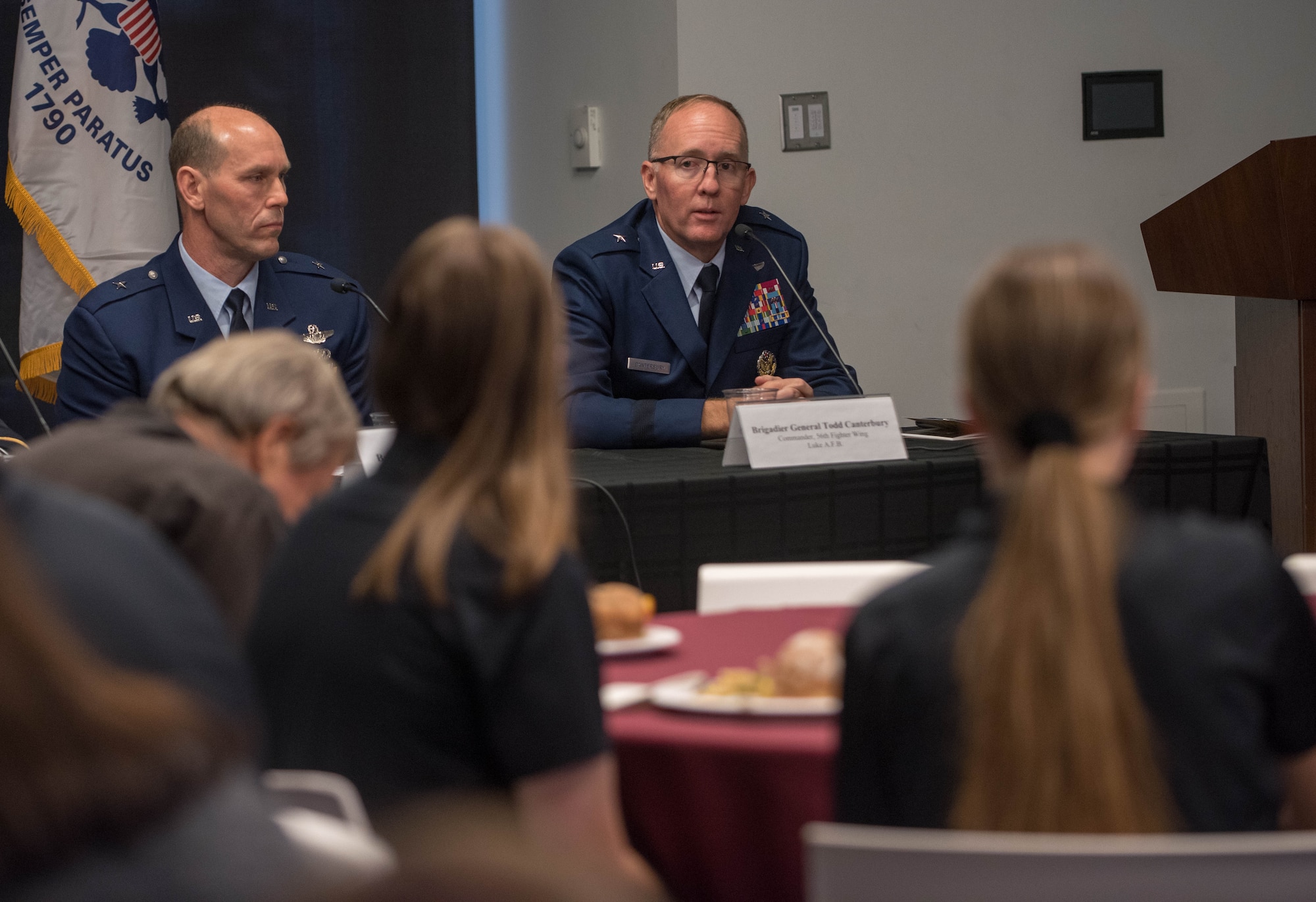 Brig. Gen. Todd D. Canterbury, 56th Fighter Wing commander, discusses key topics with Arizona military leaders during a panel discussion Nov. 1, 2019, at the Arizona State University Fulton Center in Tempe, Ariz.