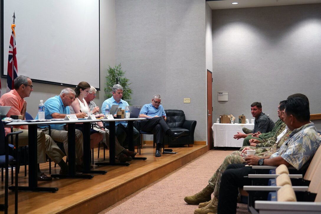 The National Commission on Military Aviation Safety listens to concerns from Total Force Integration Senior non-commissioned officers and Pacific Air Forces Safety members at Joint Base Pearl Harbor-Hickam, Hawaii, Nov. 1, 2019. The NCMAS is assessing various aspects of aviation safety, including leadership, equipment, and training. The visit to Hickam was significant due to the active duty and guard Total Force Integration of Hickam Airfield. (U.S. Air Force photo by Airman 1st Class Erin Baxter)