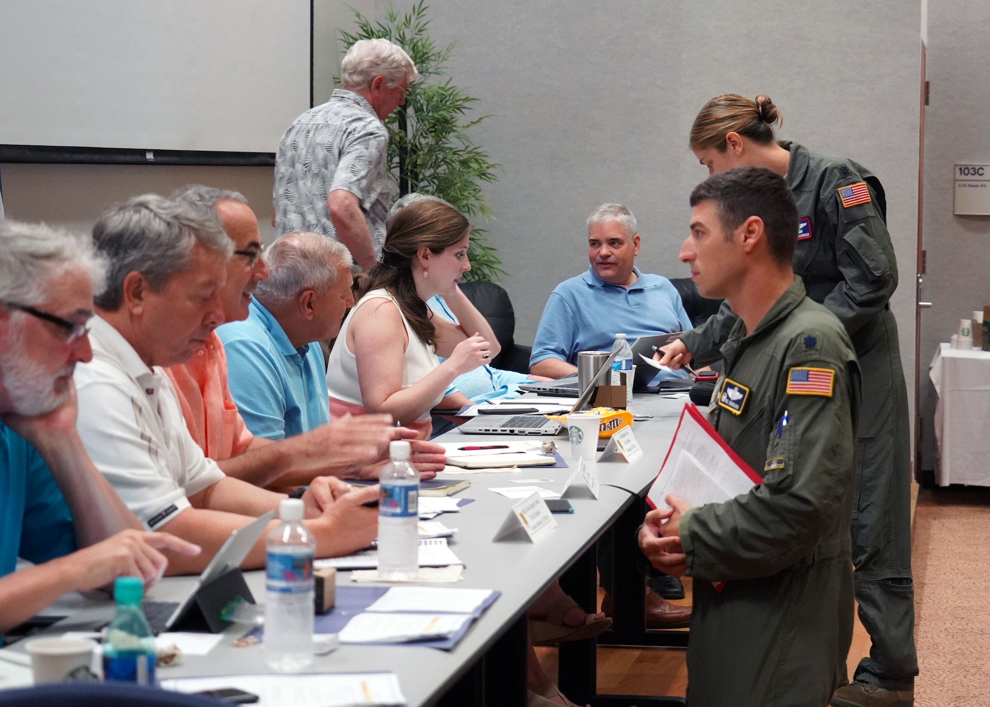 The National Commission on Military Aviation Safety greets Total Force Integration Squadron Commanders at Joint Base Pearl Harbor-Hickam, Hawaii, Nov. 1, 2019. The NCMAS was put together by Congress to assess military installations and report back with findings on how to increase safety and mission readiness. The visit to Hickam was significant due to the active duty and guard Total Force Integration of Hickam Airfield. (U.S. Air Force photo by Airman 1st Class Erin Baxter)