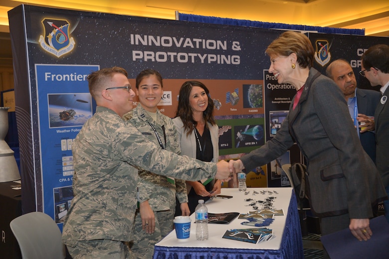 Space and Missile Systems Center program managers meet and brief Secretary of the Air Force Barbara Barrett, at U.S. Air Force Space Pitch Day, Nov. 5, 2019, San Francisco, Calif. Air Force Space Pitch Day is a two-day event hosted by the U.S. Air Force to demonstrate the Air Force’s willingness and ability to work with non-traditional startups.