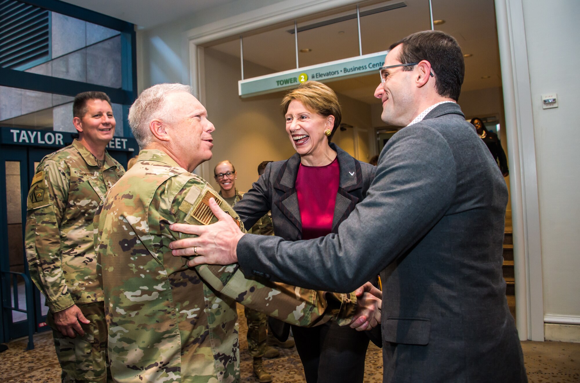 Secretary of the Air Force Barbara Barrett, Lt. Gen. John Thompson, Space and Missile Systems Center commander and program executive officer for space, and Dr. Roper, Assistant Secretary of the Air Force for Acquisition, meet at the commencement of the U.S. Air Force Space Pitch Day, Nov. 5, 2019, San Francisco, Calif. Air Force Space Pitch Day is a two-day event hosted by the U.S. Air Force to demonstrate the Air Force’s willingness and ability to work with non-traditional startups.