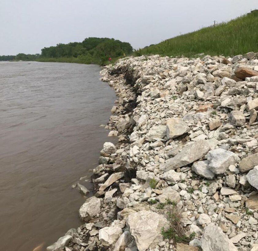 Damage to Columbus-Loup River levee, showing a loss of riprap at the toe of the levee and erosion of the embankment. Photo taken during the initial damage assessment  May 31, 2019.