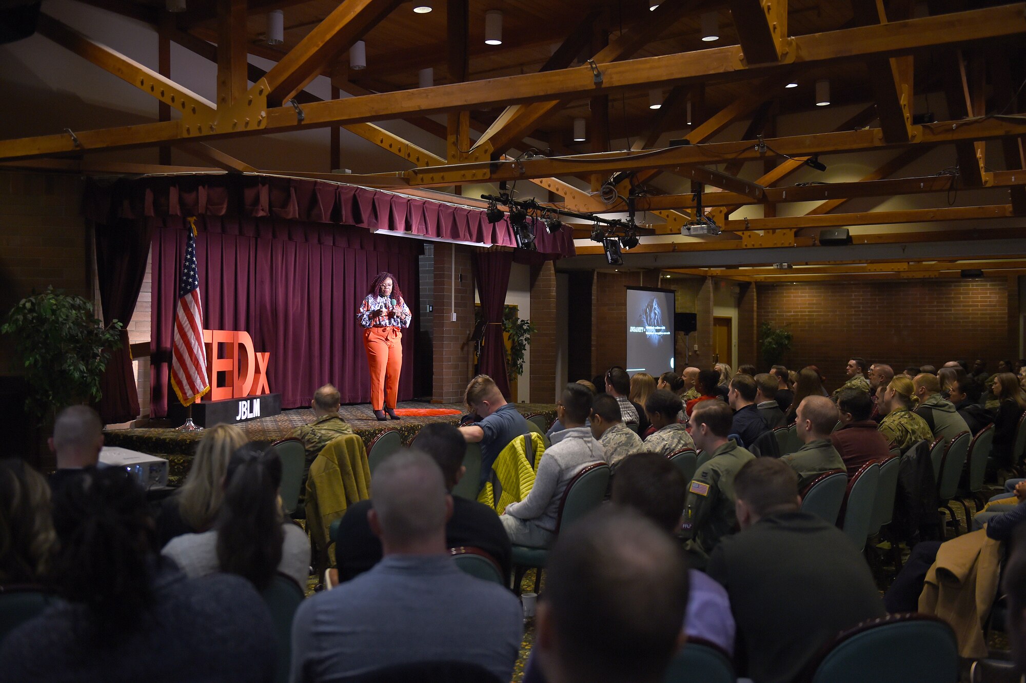 Shellie Willis, CEO and Founder of the “Redefining You” Foundation, speaks at the TEDxJBLM event on Joint Base Lewis-McChord, Wash., November 1, 2019. In her presentation, Willis talked about how people often find themselves utilizing their skills and abilities in a limited way and how to bring their talents and skills into their workplace and community.