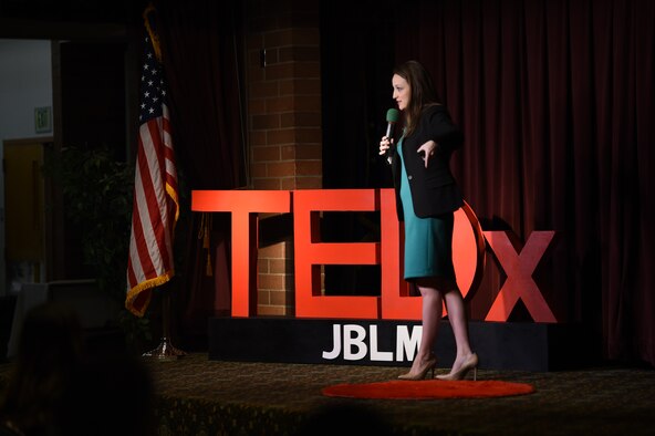 Latasha Davidson, 62nd Airlift Wing violence prevention integrator and one of the TEDxJBLM event organizers, introduces the next speaker to the audience at the TEDxJBLM event on Joint Base Lewis-McChord, Wash., Nov. 1, 2019. The 62nd Airlift Wing resiliency office, Top Three Organization and JBLM Total Force Development Council collaborated to make this event focusing on strength through stories a possibility.