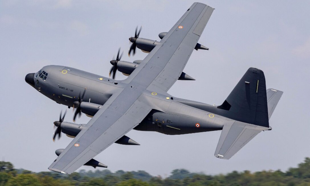 A French KC-130J in flight. The Air Force Life Cycle Management Center played a key role in delivering two KC-130J and two C-130Js to a joint French and German squadron at  Évreux-Fauville Air Base, France. (Photo by Todd R. McQueen, Lockheed Martin)