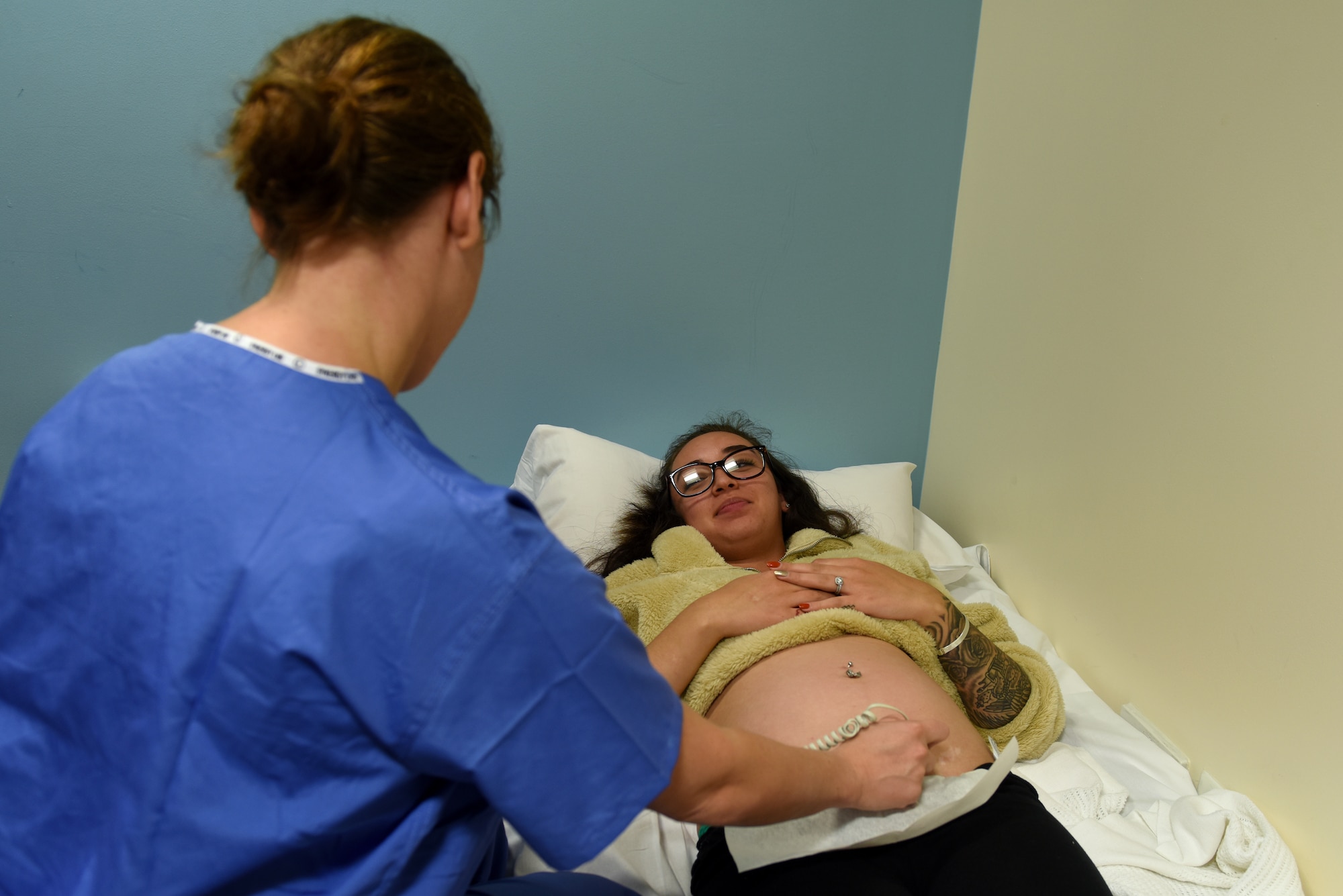 Samantha Gonzales, patient and participant of the Village Friends Group Obstetrics Care program, receives a sonogram to check her baby’s heartrate and growth at Royal Air Force Lakenheath, England, Oct. 25, 2019. The program hopes to alleviate some of the stressors that are associated with pregnancy. (U.S. Air Force photo by Airman 1st Class Rhonda Smith)