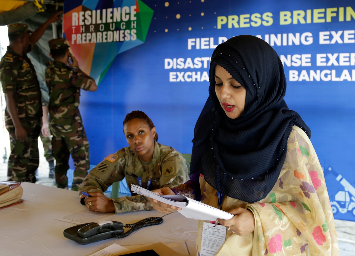 Representatives from multiple countries, agencies and non-government agencies practice crisis communication during the Bangladesh Disaster Response Exercise and Exchange (DREE) hosted by The Bangladesh Ministry of Disaster Management and Relief, Bangladesh Armed Forces Division, and the United States Army Pacific Oct. 29.