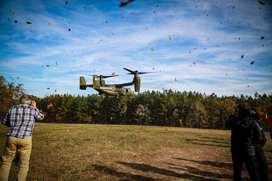 Joint Civilian Orientation attendees and staff  take a ride in the MV-22 osprey at Marine Crops Base Quantico, Virginia, Nov. 4, 2019. The JCOC is the Department of Defense's oldest and most prestigious public liaison program. Established in 1948, it is the only Secretary of Defense-sponsored outreach program that enables American business and community leaders to have a full immersive experience with their military. The Marine Corps portion of JCOC consists of a tour of MCB Quantico and its various facilities, highlighting Marine Corps history, leader, tactical assets and cultural impact on American society.