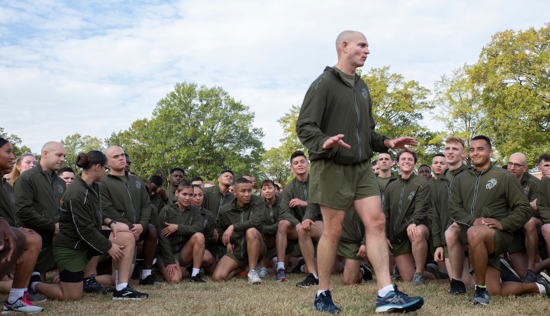 Commandant of the Marine Corps Gen. David H. Berger and Sergeant Major of the Marine Corps, Sgt. Maj. Troy E. Black join Headquarters and Service Battalion, Headquarters Marine Corps, Henderson Hall Marines during the 2019 Marine Corps birthday run in Arlington, Va., Nov. 5, 2019.