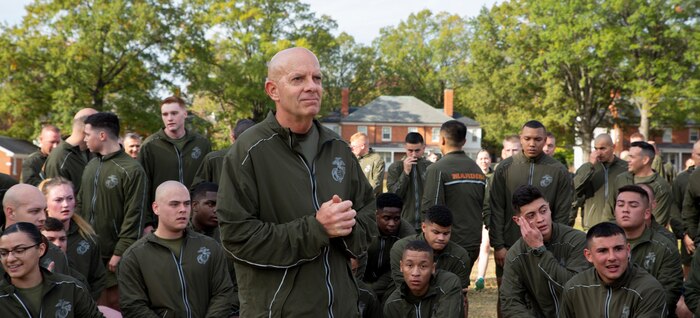 Commandant of the Marine Corps Gen. David H. Berger and Sergeant Major of the Marine Corps, Sgt. Maj. Troy E. Black join Headquarters and Service Battalion, Headquarters Marine Corps, Henderson Hall Marines during the 2019 Marine Corps birthday run in Arlington, Va., Nov. 5, 2019.