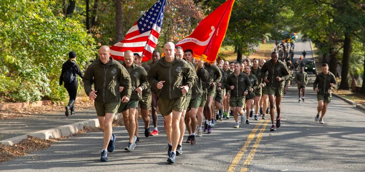 Commandant of the Marine Corps Gen. David H. Berger and Sergeant Major of the Marine Corps, Sgt. Maj. Troy E. Black lead a motivational run on Joint Base Myer-Henderson Hall, Nov. 5. The run was held in celebration of the Marine Corps’ upcoming 244th birthday.