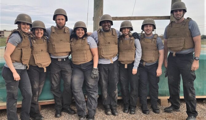 Air Force Materiel Command civilian Mary Kinney (second from left) completes an obstacle course during her participation in the Civilian Developmental Education Program's Executive Leadership Development Program. More than 735 Air Force Materiel Command Civilian Airmen were selected for Academic Year 2020 Civilian Developmental Education opportunities, filling nearly 49% of the Air Force program allocations for the academic year. (Courtesy photo)