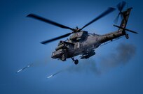 1-3rd Attack Reconnaissance Battalion supports French and U.S. ground forces during live fire training as part of Dragoon Ready on Grafenwoehr Training Area.  Pictured: an AH-64 fires its rockets