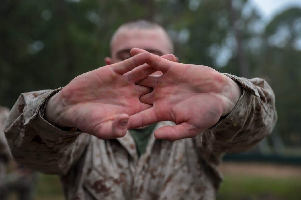 A recruit with Lima Company, 3rd Recruit Training Battalion, uses a rope to cross over a water obstacle on the Confidence Course on Marine Corps Recruit Depot Parris Island, S.C. Oct. 30, 2019. The Confidence Course is composed of various obstacles that both physically and mentally challenge recruits. (U.S. Marine Corps photo by LCpl. Michelle Brudnicki)