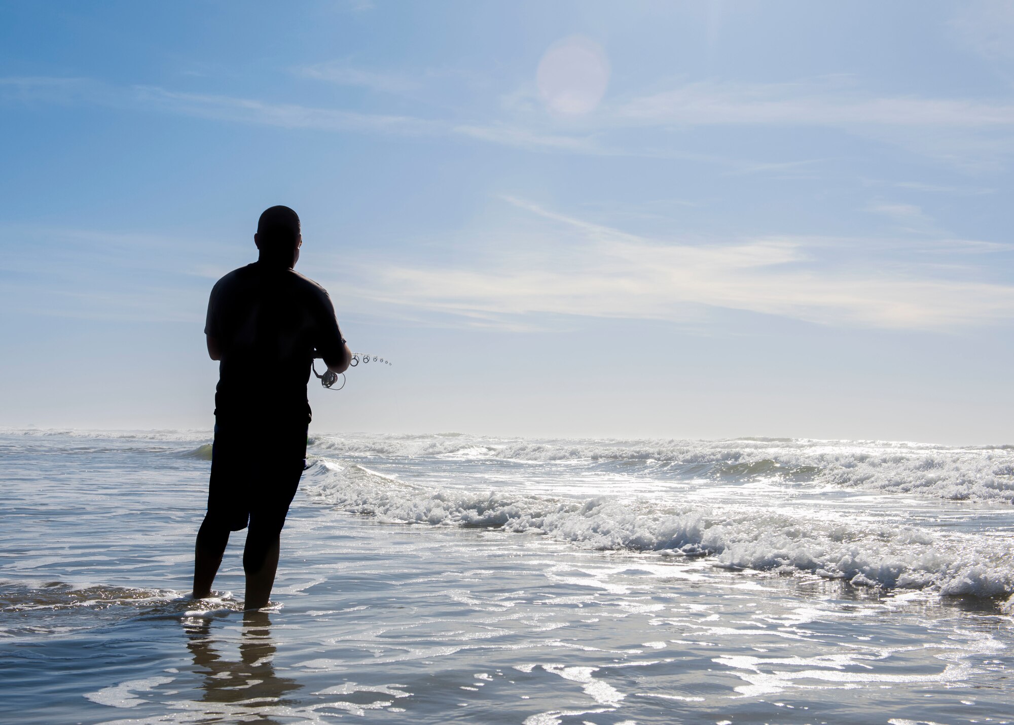 Master Sgt. Mike Iaukea, 14th Air Force Combined Force Space Component Command special missions division manager, enjoys an afternoon of fly fishing Oct. 24, 2019, near Wall beach at Vandenberg Air Force Base, Calif. Iaukea takes advantage of the coastline a few times a week to fish to unwind from his day-to-day life, which helps maintain his comprehensive health. (U.S. Air Force photo by Airman 1st Class Aubree Milks)