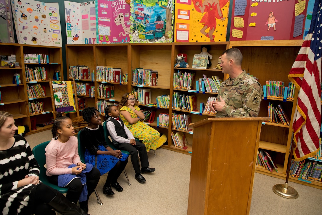 U.S. Army Corps of Engineers (USACE) Vicksburg District Commander Col. Robert A. Hilliard speaks to students during an adopt-a-school signing ceremony at Beechwood Elementary School in Vicksburg, Mississippi, Nov. 4.