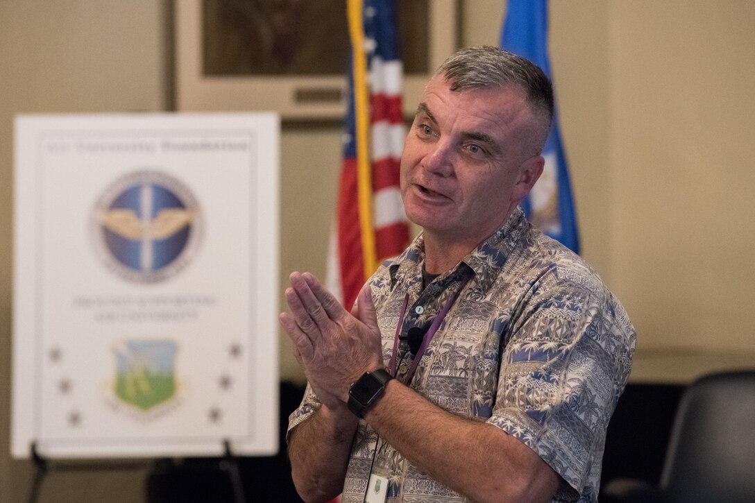 Mr./Colonel (Retired) Rob Swanson delivering A Story of Inspiration at the Air University Suicide Awareness Summit. (U.S. Air Force photo by William Birchfield)