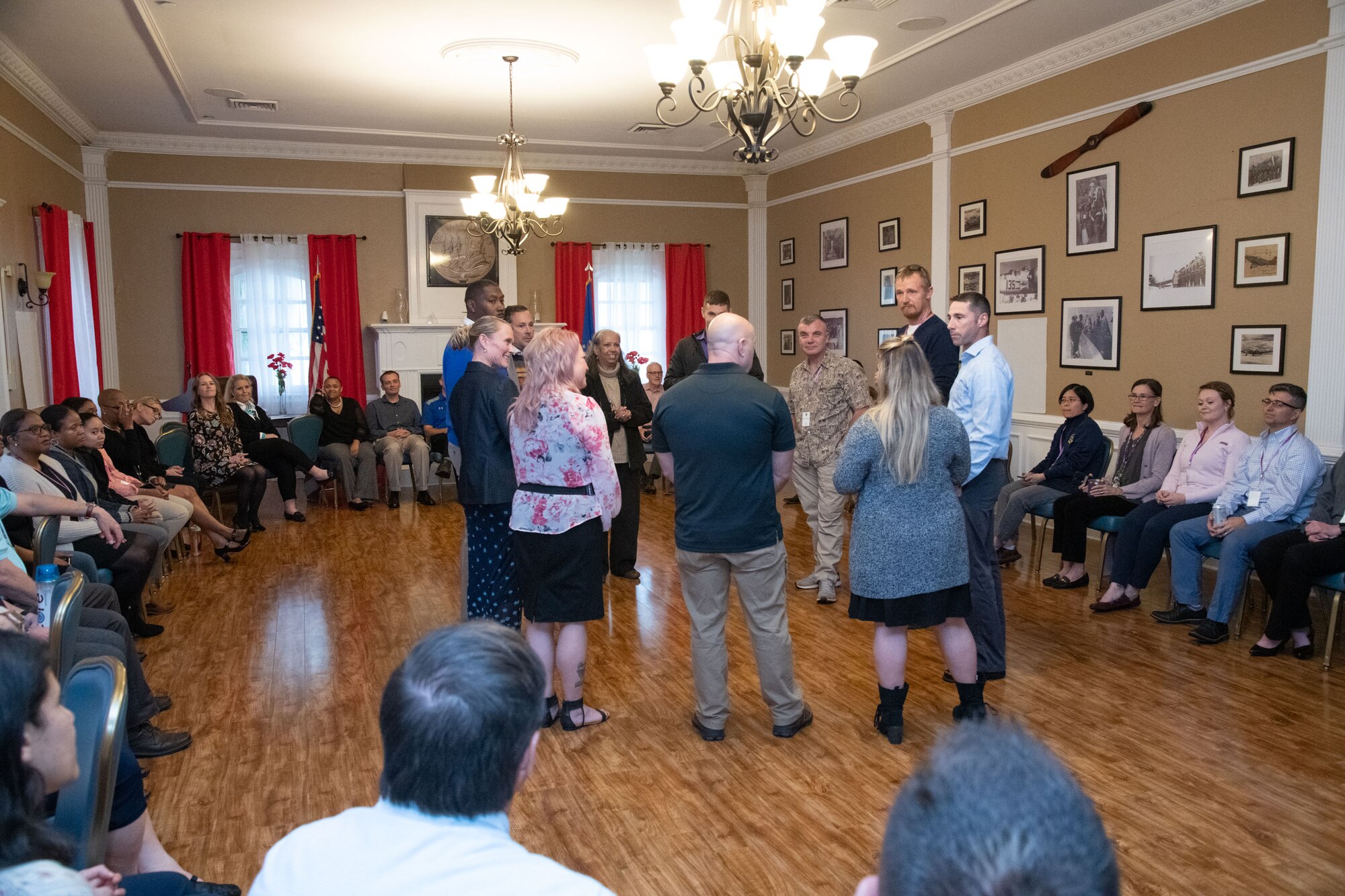 Attendees and speakers of the Air University Suicide Awareness Summit participate in a group exercise, Oct. 30, 2019, Maxwell Air Force Base, Alabama.