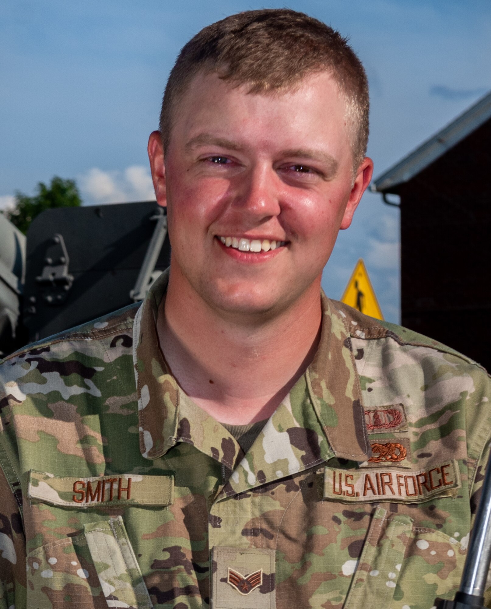 Senior Airman Caleb Smith, a munitions systems crew chief assigned to the 509th Munitions Squadron at Whiteman Air Force Base, Missouri, poses for a photo during the Civilian Marksmanship Program National Matches on July 30, 2019, at Camp Perry, Ohio. Senior Airman Caleb Smith recently performed life-saving first aid on a choking passenger while on an American Airlines flight. (U.S. Air Force photo by Senior Airman Thomas Barley)