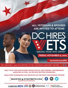 To commemorate and honor Veterans Day, the District of Columbia National Guard, DC Department of Employment Services (DOES), DC Department of Human Resources (DCHR) and the Mayor's Office of Veterans Affairs (MOVA) is hosting and facilitating the 3rd annual DC Hires Vets Employment Expo Nov. 15 from 10 a.m. until 3 p.m.