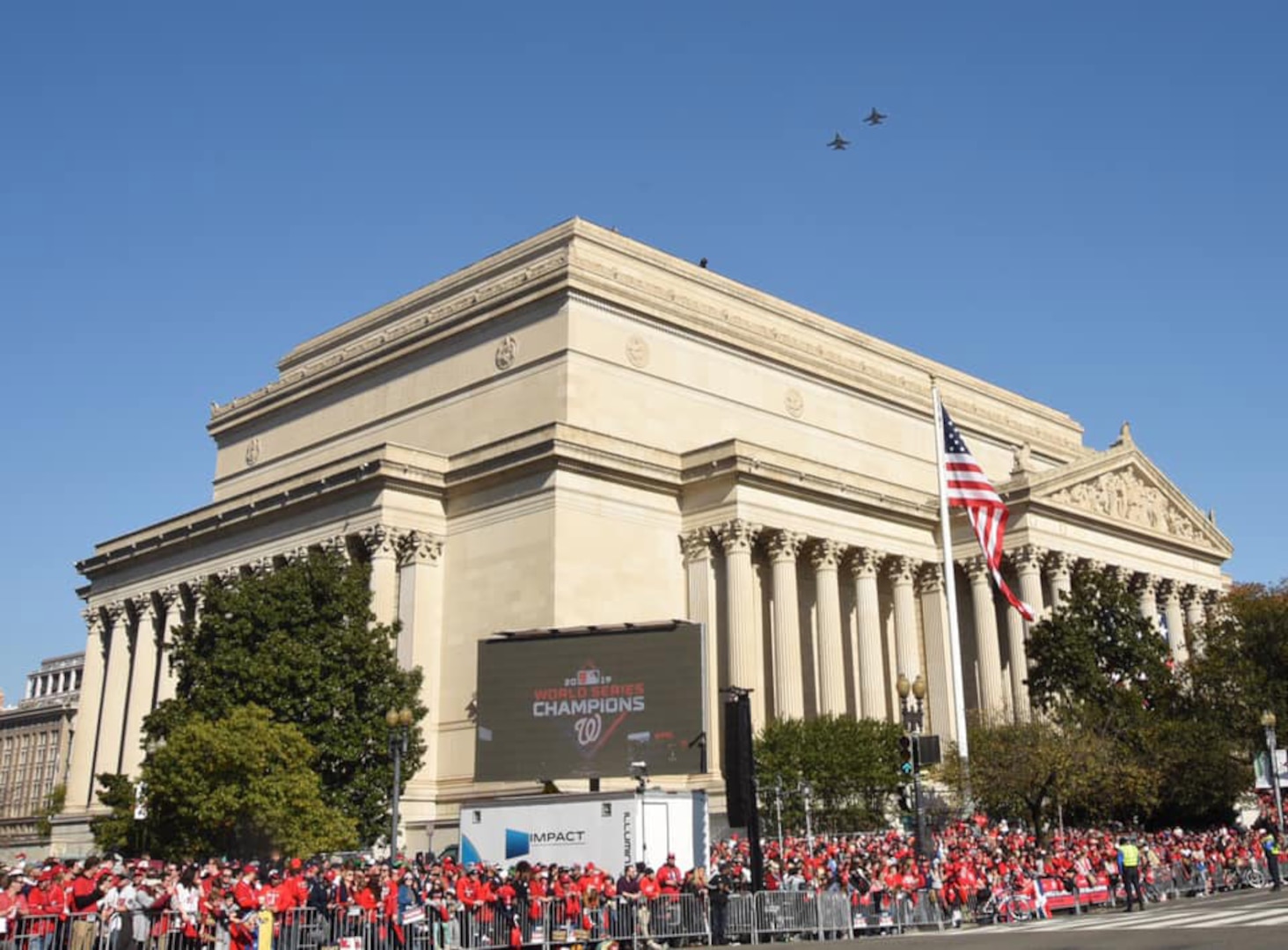 Two District of Columbia Air National Guard F-16’s from the 113th Wing fly high over the Washington Nationals victory parade in Washington, D.C., Nov. 2, 2019. The District of Columbia National Guard also provided military band performances and Civil Support Team assistance to aid District officials with the Nationals’ World Series parade.