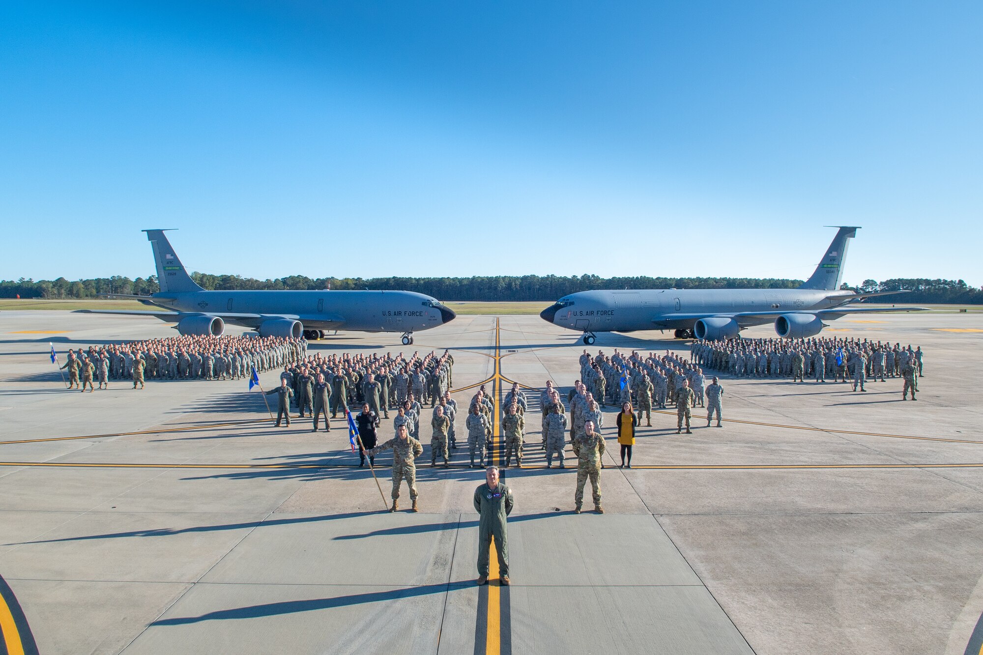 Col McPike and members of the 916th Air Refueling Wing all look to the future as they stand in front of the KC-135 for what could be their last group picture, as a wing, with the KC-135.