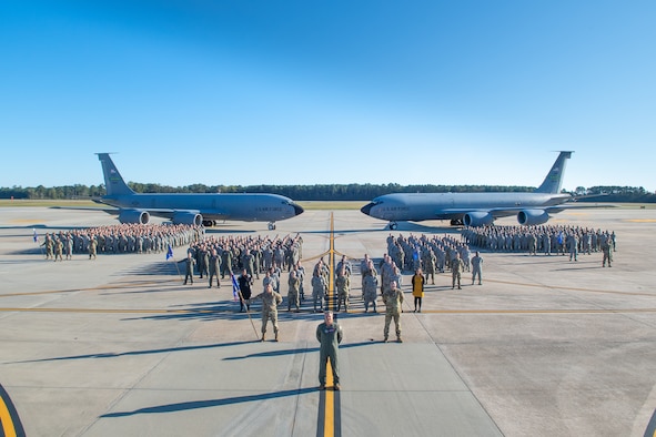Col McPike and members of the 916th Air Refueling Wing all look to the future as they stand in front of the KC-135 for what could be their last group picture, as a wing, with the KC-135.