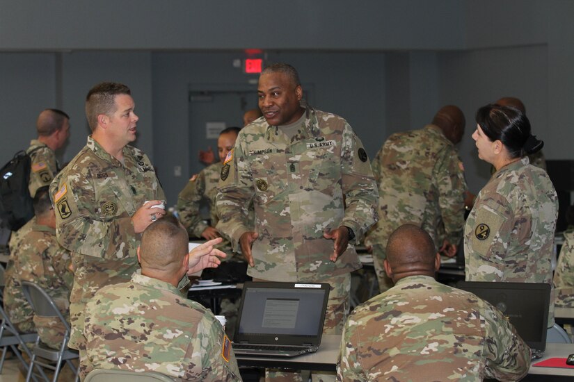 Command Sgt. Maj. Anthony Simpson, 94th Training Division (Force Sustainment) senior enlisted leader, speaks to multiple senior noncommissioned officers during a Command Sergeant Major Leadership Huddle held in San Antonio, Texas, on September 26-29, 2019. The 94th TD resources and conducts specified military occupational specialty reclassification, NCO and officer educational and functional training.