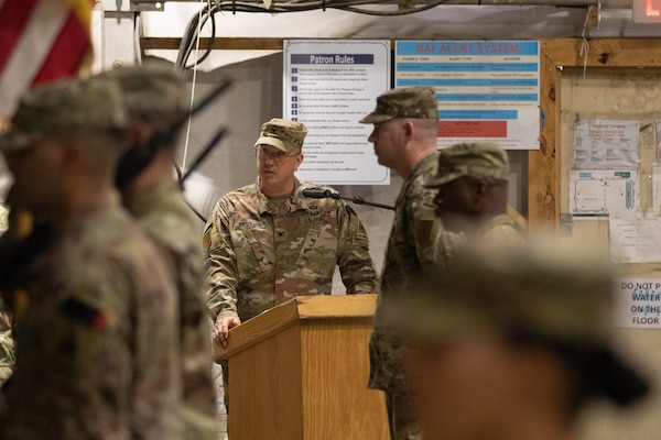 Col. Ronnie D. Anderson, 1st Armored Resolute Support Sustainment Brigade commander, makes remarks at the RSSB transfer of authority ceremony at Bagram, Afghanistan, Nov. 1, 2019. Anderson most recently served as chief, strategic operations and plans, Commander’s Initiatives Group, 1st TSC, at Camp Arifjan, Kuwait, in support of Operations Resolute Support, Inherent Resolve and Spartan Shield. (U.S. Army photo by Sgt. Sean Harding)