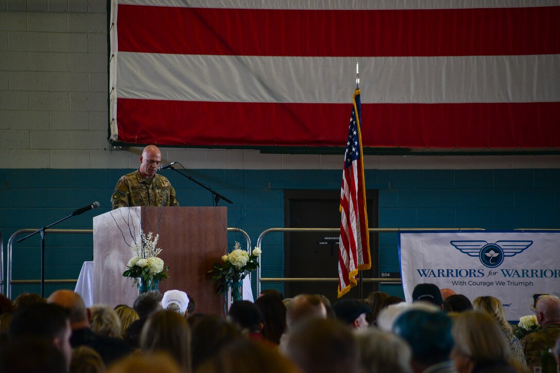 Retired U.S. Air Force Chief Master Sgt. Kevin Norman, former 58th Aircraft Maintenance Squadron superintendent and Warriors for Warriors founder, speaks during the event at Kirtland Air Force Base, N.M., Nov. 2, 2019. Norman has been assisting with setting up this event for three years, and will continue to do so. (U.S. Air Force photo by Staff Sgt. Kimberly Nagle)