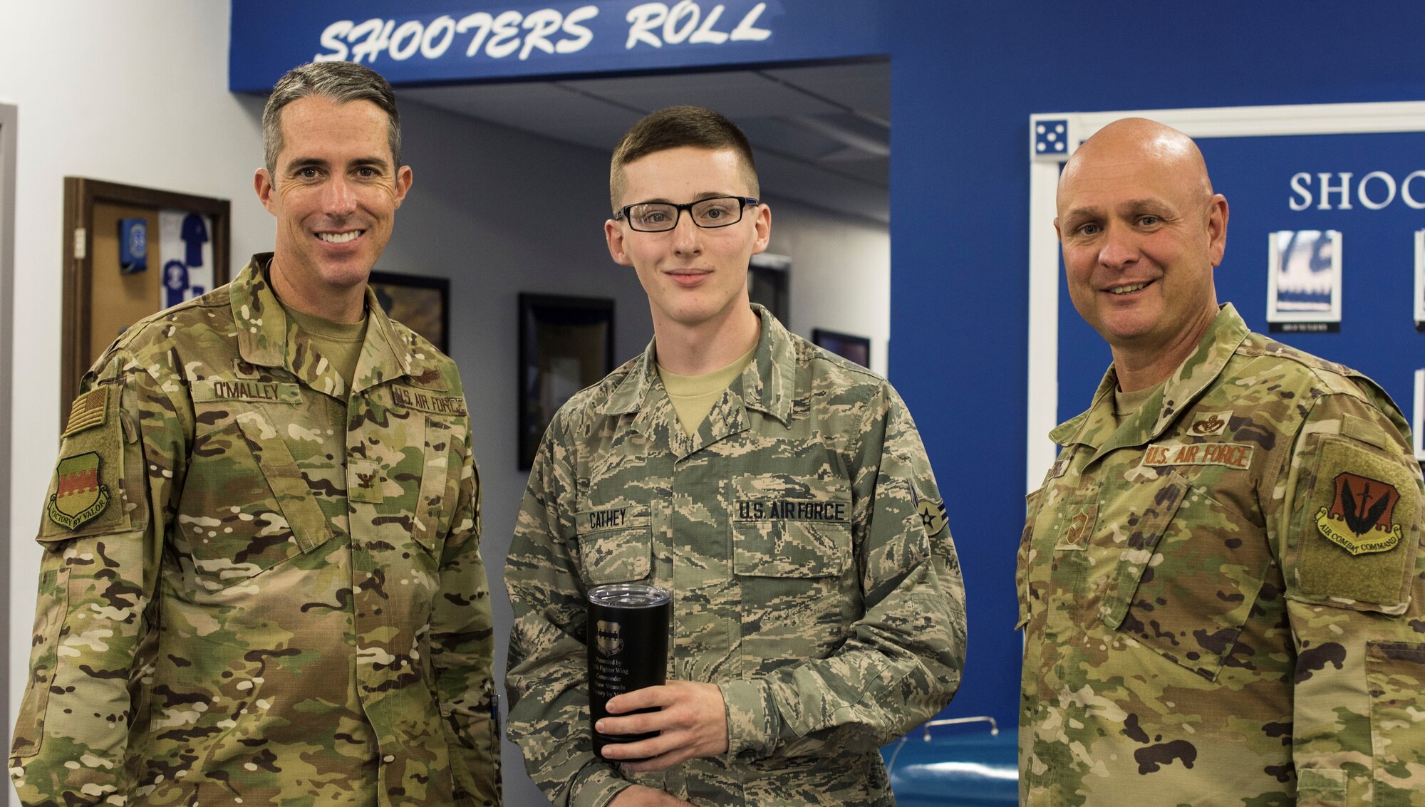 U.S. Air Force Airman 1st Class Dexter Cathey, 55th Aircraft Maintenance Unit avionics technician, is recognized as this week’s Weasel of the Week (WOW) at Shaw Air Force Base, South Carolina, Oct. 21, 2019