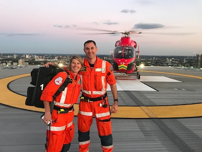 Maj. Ryan Newberry (right), U.S. Army Medical Corps emergency and pre-hospital physician assigned to the U.S. Army Institute of Surgical Research at Joint Base San Antonio-Fort Sam Houston, and Dr. Ali Sanders, London’s Air Ambulance consultant, pose in front of a London’s Air Ambulance helicopter after completing a call to treat a trauma patient. Newberry served for six months in 2018 as a flight physician for London’s Air Ambulance, which is regarded as one of the top helicopter emergency medical services in the world, as part of a military exchange program between Great Britain and the U.S.