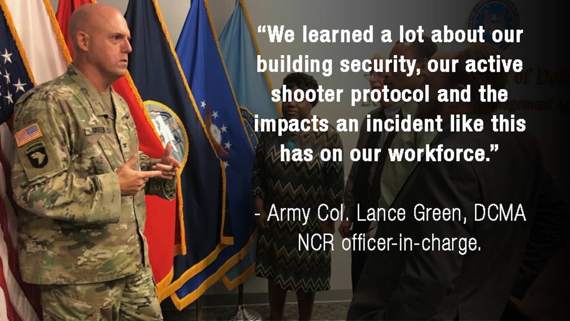 Army Col. Lance Green, DCMA NCR officer-in-charge, address a crowd during a training period.