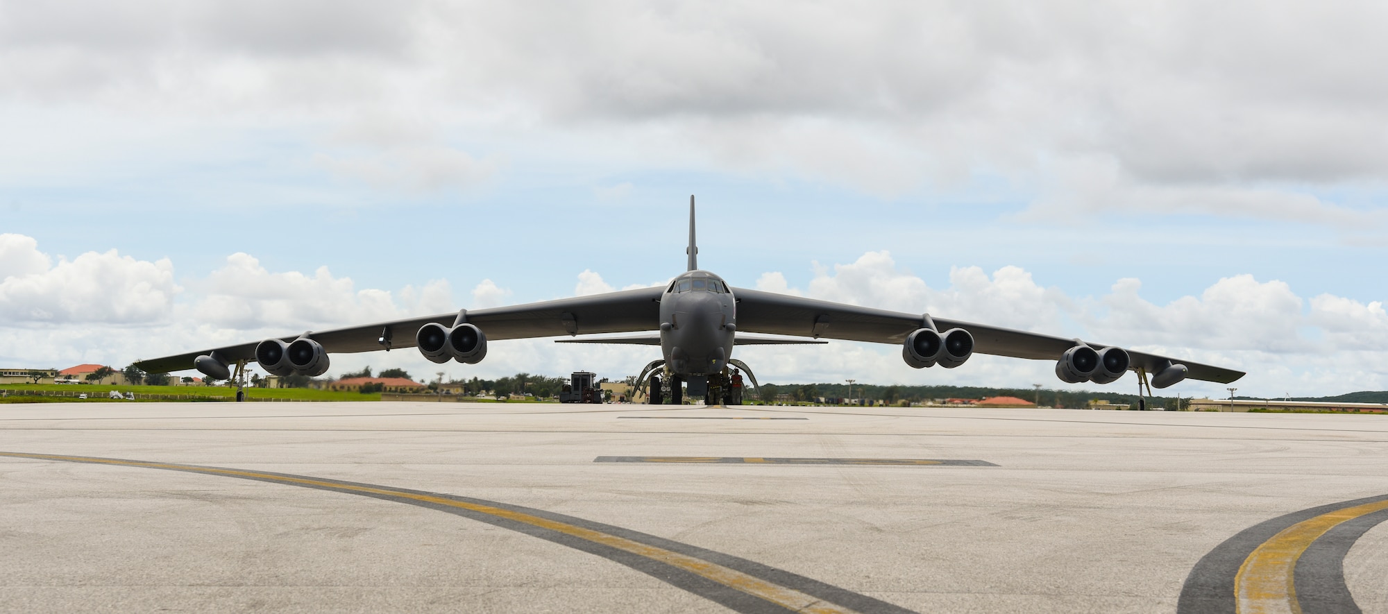 A 69th Expeditionary Bomb Squadron B-52 Stratofortress prepares to taxi down the flightline on Andersen Air Force Base, Guam, Oct. 22, 2019. B-52s, along with B-2 Spirits and B-1B Lancers are flown to maintain the Continuous Bomber Presence Mission housed on Andersen. The B-52 is a long-range, heavy bomber capable of flying at subsonic speeds at altitudes up to 50,000 feet with an un-refueled combat range of 8,800 miles. (U.S. Air Force photo by Airman 1st Class Michael S. Murphy)