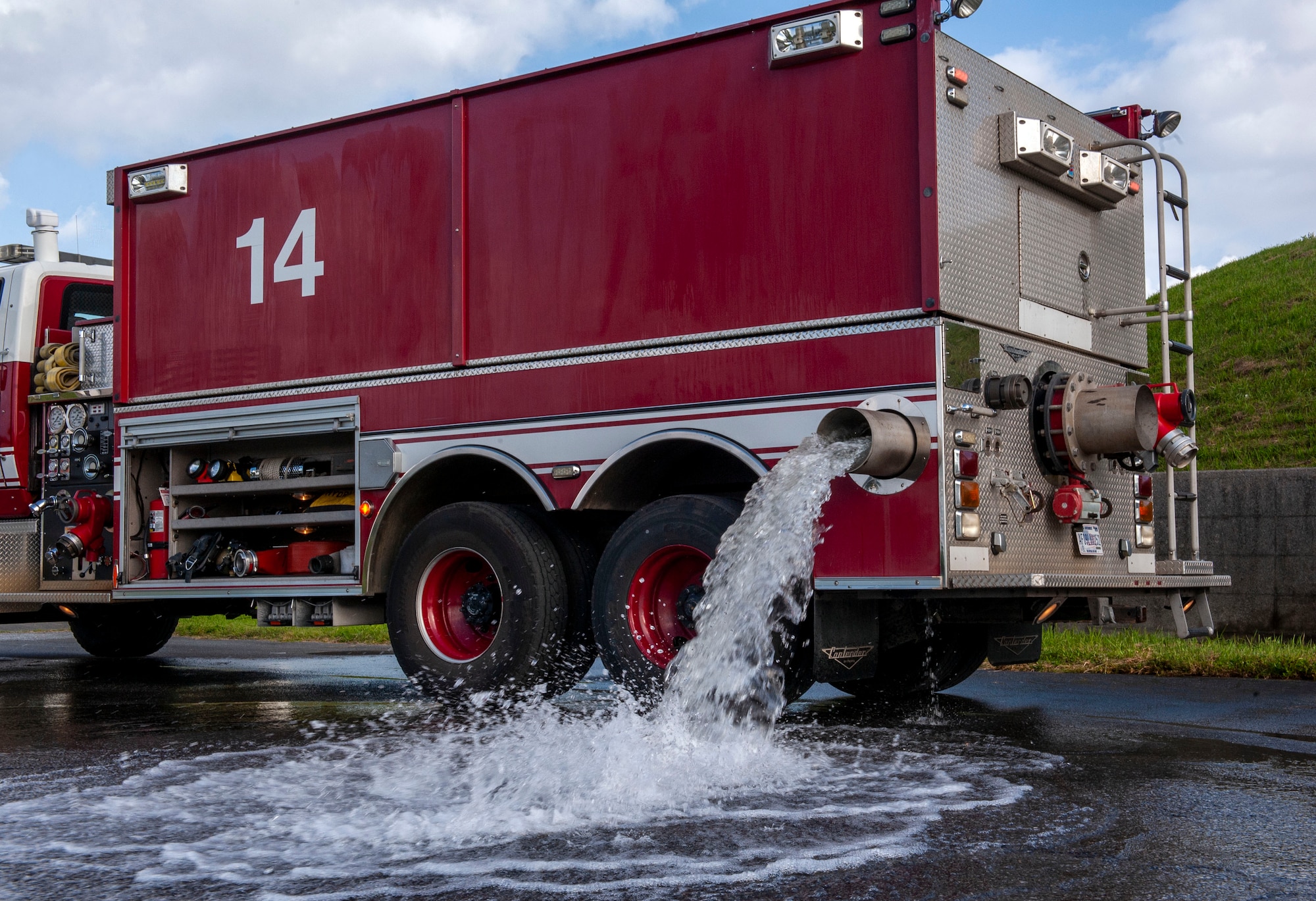 The 18th Civil Engineer Squadron simulated a fuel spill of more than 1,000 gallons during an exercise at Kadena Air Base, Japan, Oct. 25, 2019. The purpose of this exercise was to train base personnel on fuel spill prevention and containment. (U.S. Air Force photo by Naoto Anazawa)