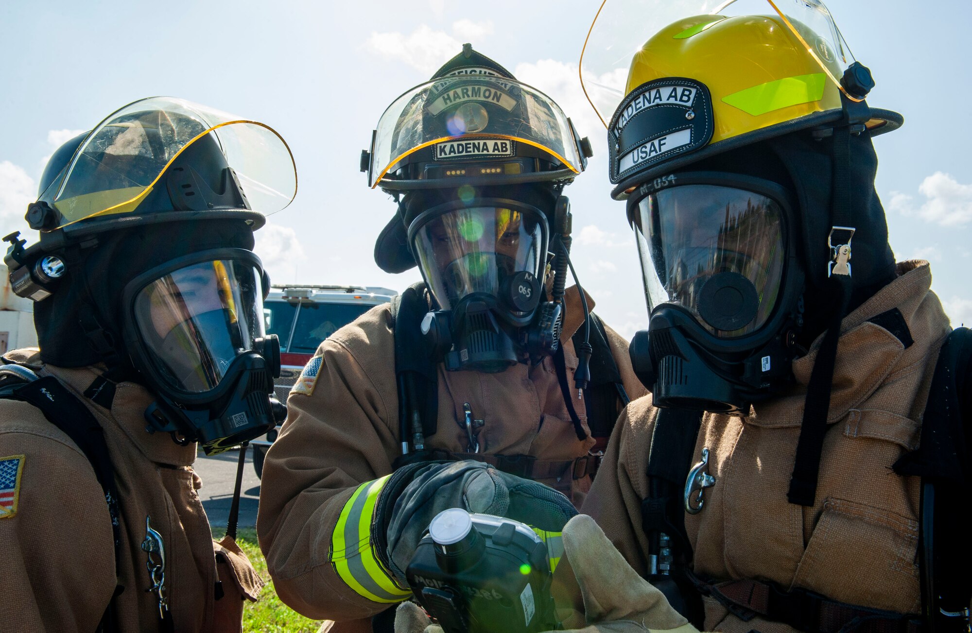 Kadena firefighters from the 18th Civil Engineer Squadron check a multiRAE device during a fuel spill exercise at Kadena Air Base, Japan, Oct. 25, 2019. The multiRAE is the most advanced portable chemical detector with the flexibility of up to six gas sensors and the convenience of wireless portability. This multi-gas monitor is versatile and customizable, while delivering real-time access to instrument readings and alarm status from any location. (U.S. Air Force photo by Naoto Anazawa)