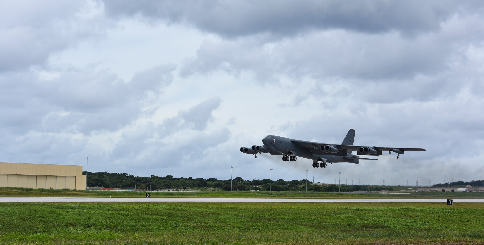 A 69th Expeditionary Bomb Squadron B-52 Stratofortress departs the flightline on Andersen Air Force Base, Guam, Oct. 22, 2019. B-52s have held a vital role in supporting the Continuous Bomber Presence mission in the Indo-Pacific region, which has been in operation since March 2004. Service members supporting the CBP sustains a flying mission that provides a capability of readiness and commitment to deterrence, provides assurances to our allies, and strengthens regional security and stability in the Indo-Pacific region. (U.S. Air Force photo by Airman 1st Class Michael S. Murphy)