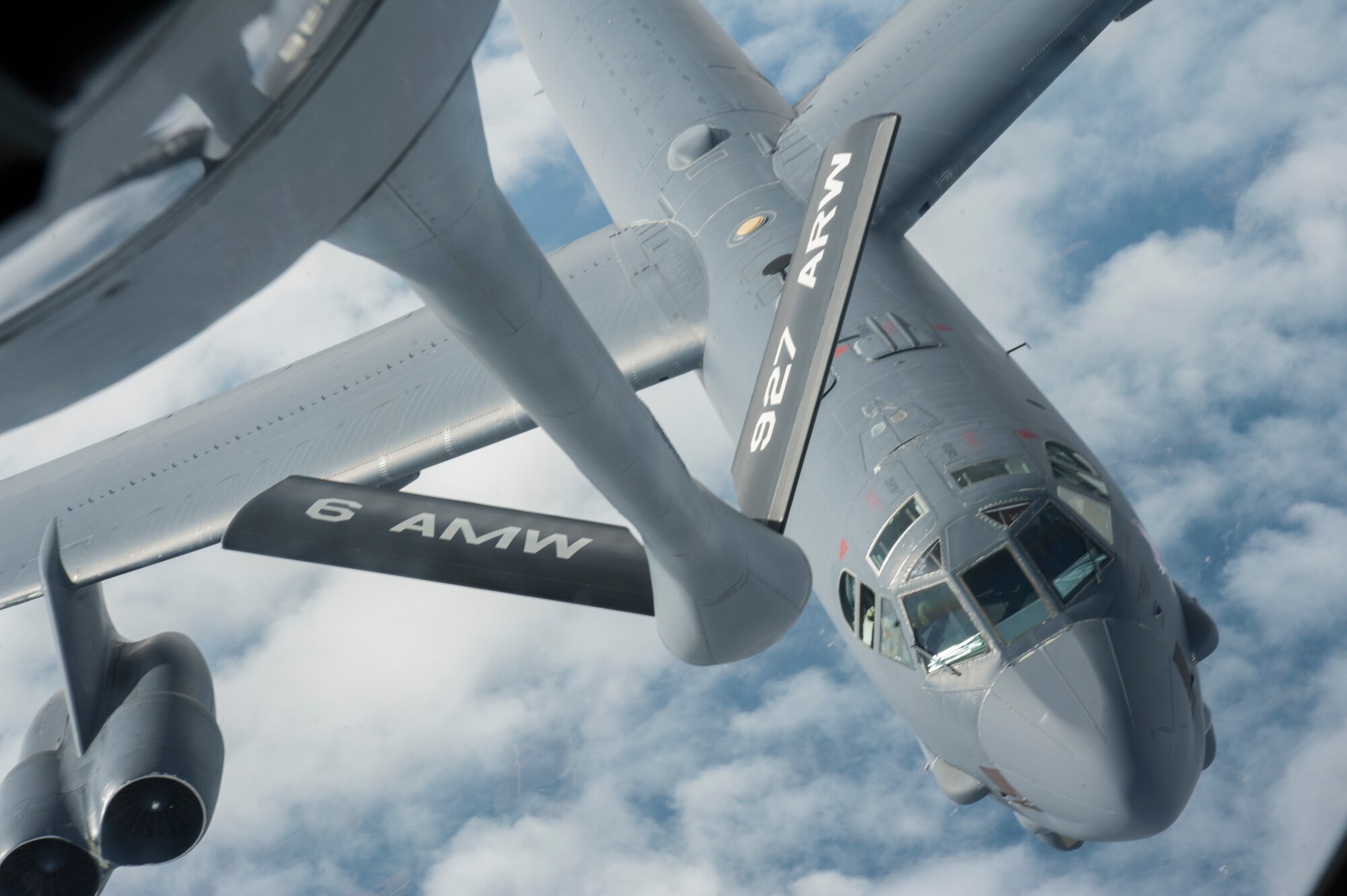 A B-52 Stratofortress from Barksdale Air Force Base, La., approaches a KC-135 Stratotanker from MacDill AFB, Fla., for refueling support Nov. 4, 2019.  The KC-135 delivers rapid global mobility and air refueling to extend the capabilities for global strike and strategic deterrence missions.