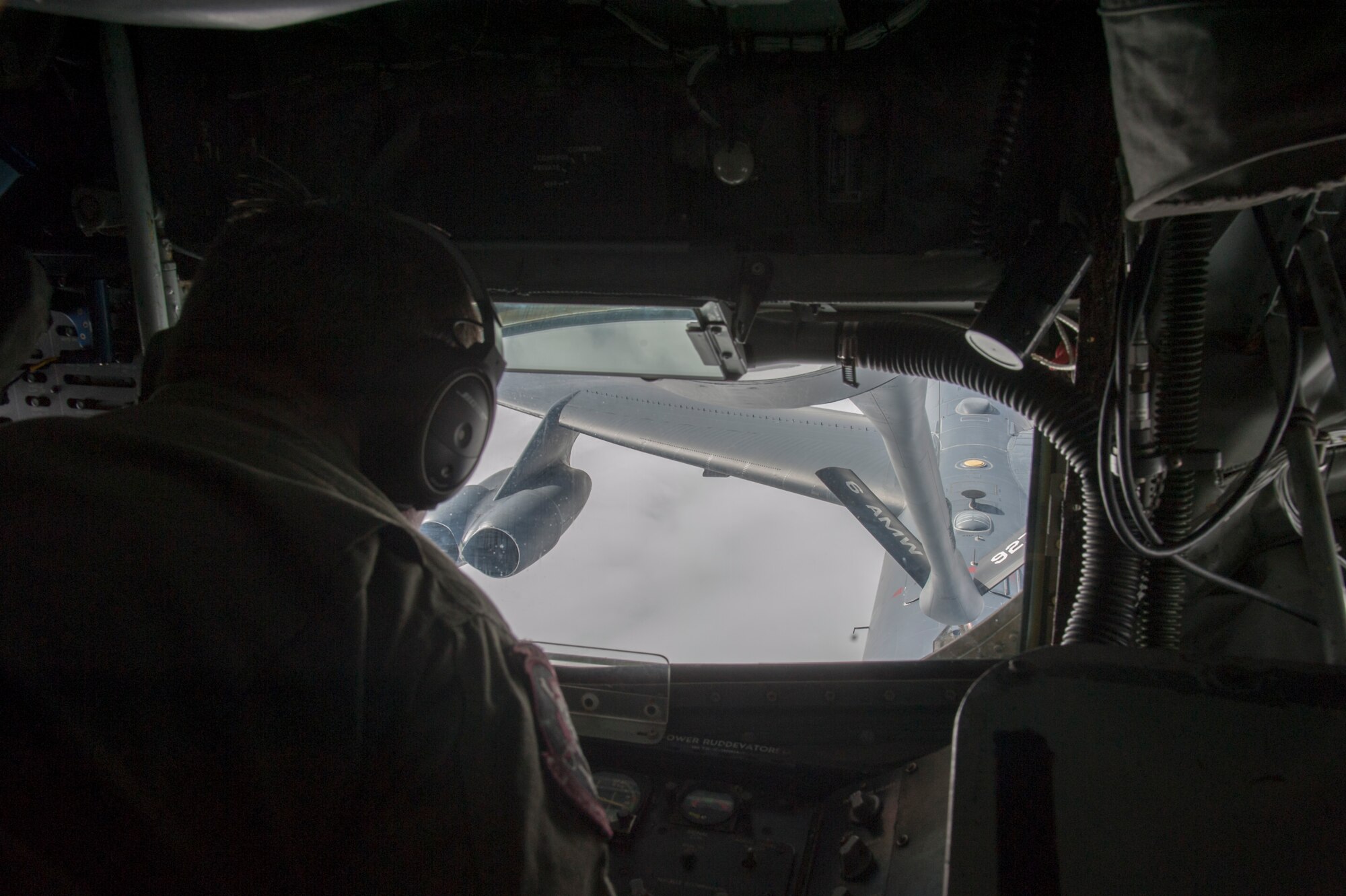 U.S. Air Force Senior Master Sgt. Phillip Costine, a 63rd Air Refueling Squadron evaluator boom operator refuels a B-52 Stratofortress, Nov. 4, 2019. The KC-135 crew from MacDill Air Force Base, Fla., delivered air refueling support to bolster the global strike capabilities of the B-52 assigned to Barksdale AFB, La.