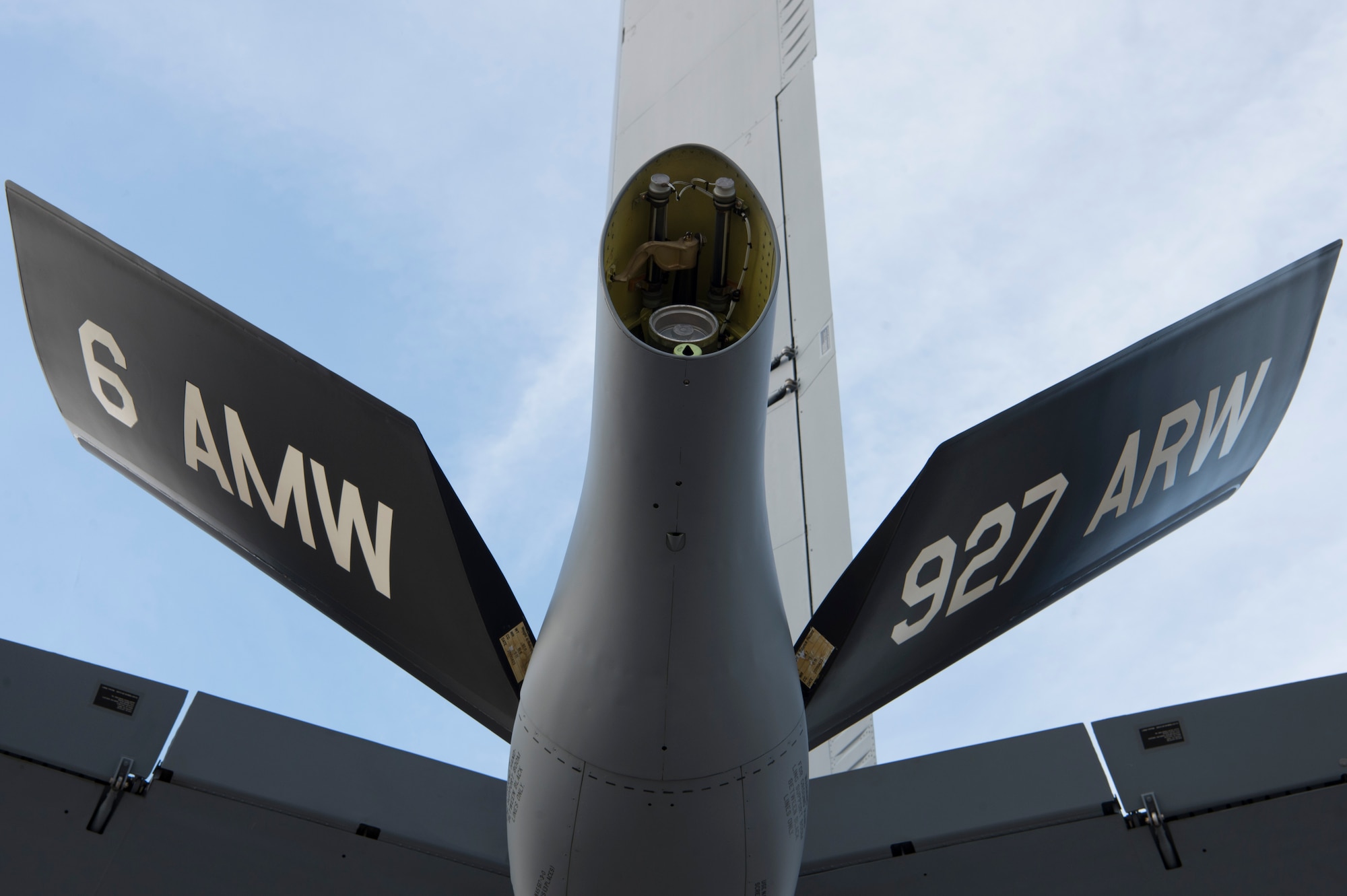 The boom tail flashes of the 6th Air Mobility Wing (AMW) and the Air Force Reserve’s 927th Air Refueling Wing (ARW) are displayed on all KC-135 Stratotankers assigned to MacDill Air Force Base, Fla. The 6th AMW was redesignated as the 6th ARW Sept. 30, 2019. The 6th ARW is in the process of updating its boom tail flashes to reflect the wing’s new designation.
