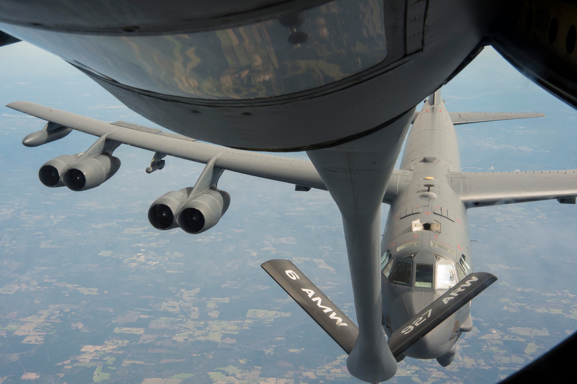 A B-52 Stratofortress assigned to Barksdale Air Force Base, La., approaches a KC-135 Stratotanker assigned to MacDill AFB, Fla., for refueling support Nov. 4, 2019.  The KC-135 delivers rapid global mobility with air refueling to extend the capabilities for global strike and strategic deterrence missions.